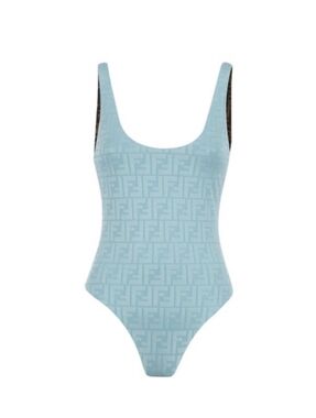 Fendi Light Blue Logo-Intarsia One-Piece Swimsuit. (Reversible)